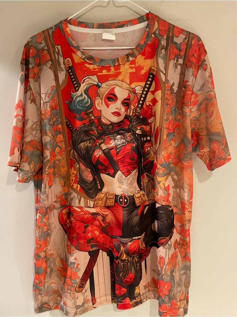 Harley-Inspired Harley Quinn and Deadpool mash-up 3D double sided graphic tshirt
